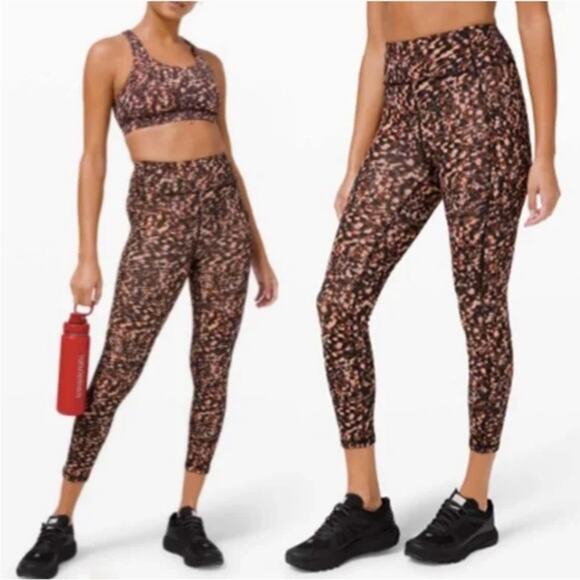 LULULEMON Invigorate Back Tan Print High Rise Cropped Ankle Workout Leggings 2 - Picture 1 of 13